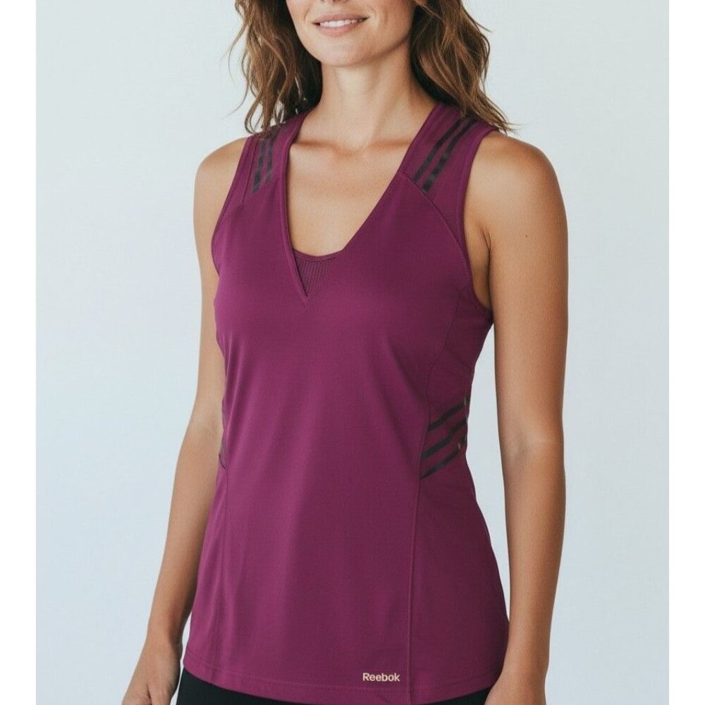 Reebok Womens Purple Athletic Tank Top Size M Reflective Stripes V-Neck Lightwei